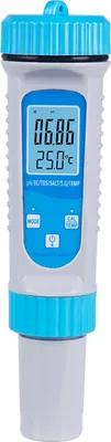 A digital pH tester with a blue cap and blue accents on a white background.
