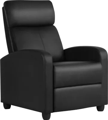 A black recliner chair is shown against a white background.