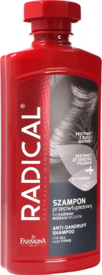 A red bottle of FARMONA Radical Anti-Dandruff Shampoo.