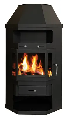 A black corner fireplace with a glass door showing a fire inside, set against a white background.