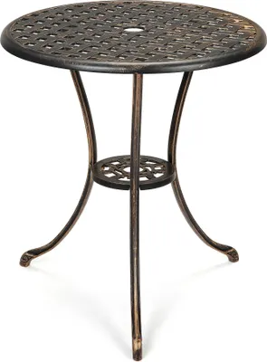 Zdjęcie produktu dla Stół ogrodowy – okrągły stół w stylu bistro – średnica 60 cm – otwór na parasol – metal – do ogrodu/tarasu/balkonu – brązowy