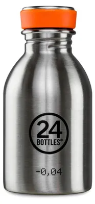 A studio shot of a stainless steel water bottle with an orange cap.