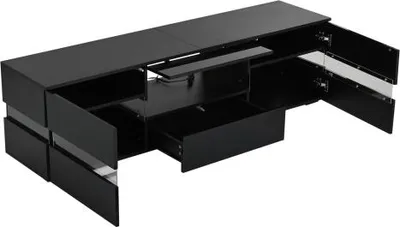 Produktbild von Schwarz TV-Schrank 160x39x45 cm Hochglanz Mit LED Beleuchtung 2 Tueren 1 Schublade Offenes Fach Acryl Glaseinsatz Fuer 70 Zoll Fernseher
