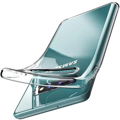 A transparent teal phone case is shown from a diagonal angle.