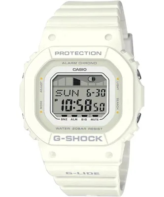 A white G-Shock watch is shown against a white background.