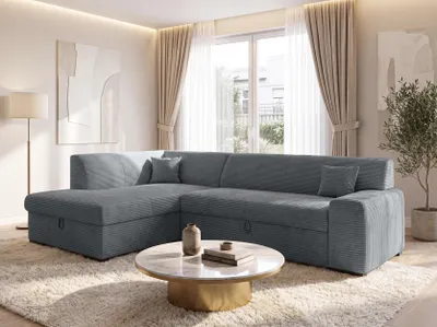 Image de AX LIVING : Canapé d'angle gris Lucera, 260 cm, convertible avec coffre de rangement