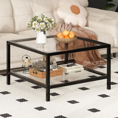 Produktbild von Couchtisch aus Doppellagigem Gehärtetem Glas und Eisenrahmen, Wohnzimmertisch mit rutschfesten Füßen, Schwarz, 68 × 68 × 40 cm