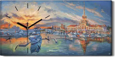 Produktbild von Küche Wohnzimmer Wand Leinwand Uhr 60x30 Gemälde Hafen schiffe Sonnenuntergang - schwarze Hände