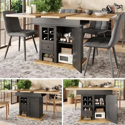 A dining table with storage and chairs in a home setting.