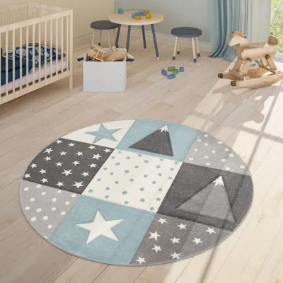 Produktbild von TT Home Kinder Teppich Spielteppich Karos Punkte Sterne Mond Pastell Türkis Weiß Grau Größe 120 cm Rund