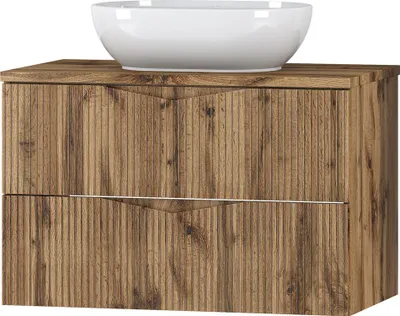 Produktbild von Badezimmer Waschtisch mit 80 cm Breite in Eiche mit gerillter Front, 2 Schubladen - CALURI-140