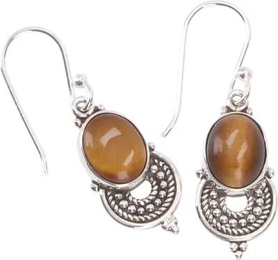 Produktbild von Indische Silberohrringe, Ethno Ohrringe, Boho Ornament Ohrhänger - Tigerauge, Gold, SterlingSilber, 2,5*0,8 cm, Silberohrringe