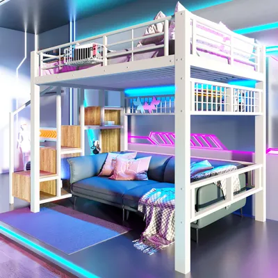 Immagine prodotto di Letto a castello Merax, letto a soppalco 140x200 cm, letto a castello con luci a LED, scala con vani portaoggetti, rete metallica per appendere oggetti, letto per ragazzi, letto per bambini, bianco