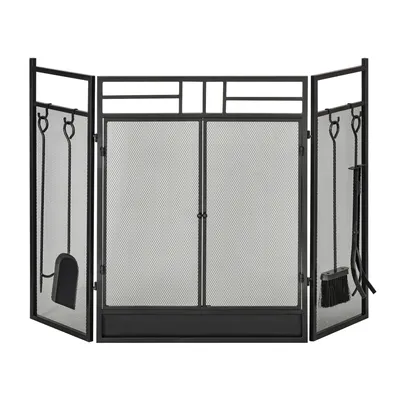 Image de HOMCOM Pare-feu Large pour cheminée ou poêle - Pare-étincelles serviteur de cheminée 2 en 1 avec Accessoires - 3 Volets Pliables et Porte - Acier métal Noir