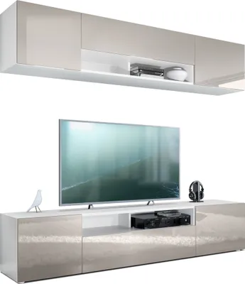 Produktbild von Vladon Wohnwand Mogan, Weiß matt/Sandgrau Hochglanz - Moderne Anbauwand bestehend aus 2 TV-Boards (181 x 147 x 35 cm)