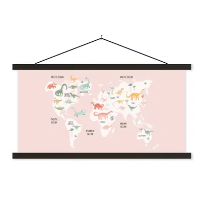 Obrázek produktu pro MuchoWow® Textilní plakát - Dětský pokoj - Mapa světa - Dino - 90x45cm - S černými lamelami