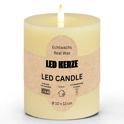 Imagen del producto de Vela LED con forma de tronco de árbol, cera, llama parpadeante, diámetro 10 cm, altura 12 cm, color crema