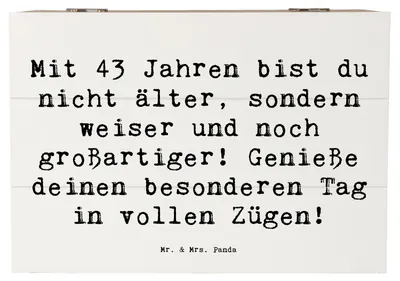 Produktbild von Mr. & Mrs. Panda Box Spruch 43. Geburtstag Weisheit 22 x 15 cm - Weiß - Geschenk, Happy Birthday, feiern, Feier, Truhe, fotobox, geschenkkiste, Geburtstagsgeschenk, Kiste