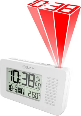 A white digital alarm clock with a red projection display of the time.