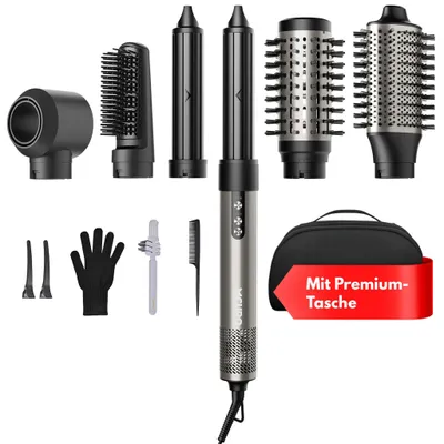 Produktbild von MCURO 6-in-1 Hairstyler mit Lockenstab, Warmluftbürste, Haarglätter & Föhn, 6 Aufsätze inkl. Aufbewahrungstasche für Glätten, Volumen & Locken, Grau
