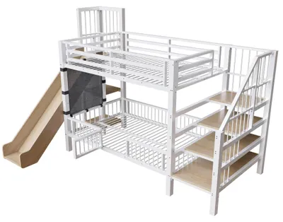 Image de Lit superposé pour enfants - 90 x 200 cm - Métal - Avec toboggan - Escalier avec espace de rangement et étagères - Barrière de sécurité amovible - Blanc