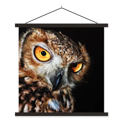 Produktbild von MuchoWow® Textilposter Eule - Schwarz - Gelb 60x60 cm mit schwarzem Rahmen - Posteraufhänger