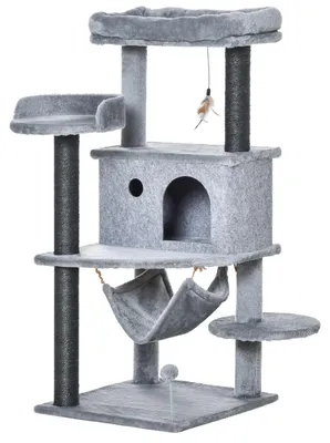 Immagine prodotto di SunvelloAlbero Tiragraffi per Gatti con Palo, Casetta, Letto, Amaca e 2 Giochi in Legno e Peluche, 48x48x107 cm, Grigio