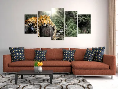 Produktbild von Akustikbild Tier Leopard 200x100 cm 5-teilige Bilder Akustikschaum Hochleistungsschallabsorber Schallschutz Leinwand 5 tlg Wandbild Raumakustik Schalldämmung g-C-0031-b-o