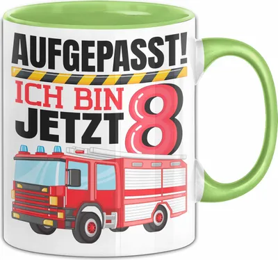 Produktbild von 8. Geburtstag Geschenk Tasse Becher Jungs Feuerwehr Aufgepasst Ich Bin Jetzt 8 (Grün)