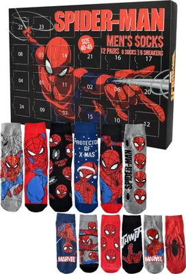 Produktbild von Marvel Spiderman Adventskalender mit 12 Paar Socken Größe 40-45 für Herren Weihnachtskalender mit Sneakers und langen Socken
