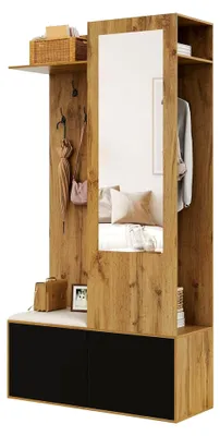 Produktbild von Garderobenset Flur 191x100x38 cm mit Spiegel, Schuhschrank, Sitzbank und 5 Kleiderhaken, Moderner Kleiderschrank mit viel Stauraum, Flurmöbel für den Eingangsbereich, Holzfarbe und Schwarz