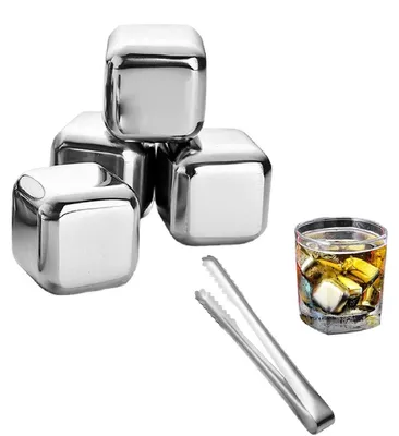 Edelstahl Eiswürfel, 4 Stück mit Zange, wiederverwendbar, Whisky Kühlsteine