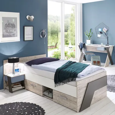Produktbild von Jugendzimmer Set mit Schreibtisch 3-teilig LEEDS-10 in Sandeiche Nb. mit weiß, Lava und Denim Blau