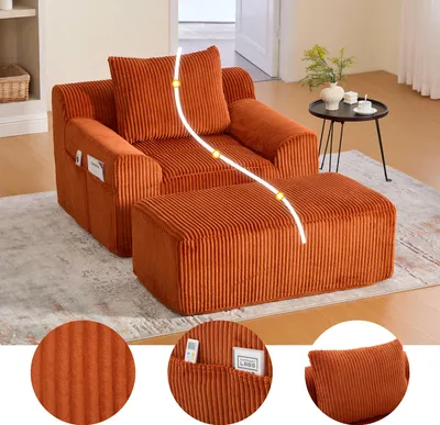 A corduroy sofa chair and ottoman in an orange color, placed on a rug in a room. There are inset images showing fabric texture and side pocket details.