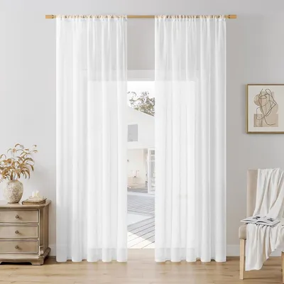 Obrázok produktu pre Biela záclona do obývačky, 225x140 cm, priehľadná, s efektom lnu, elegantná. Záclony typu "voile", vhodné do spálne alebo jedálne, s tyčou