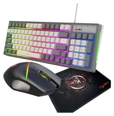 Produktbild von HXSJ Kabelgebundene Tastatur- und Mauskombination mit Maeusepad, 96 Tasten, kompakte Tastatur mit bunten Lichtern, 4 einstellbare Geschwindigkeiten, leise Maeuse fuer Laptop/PC