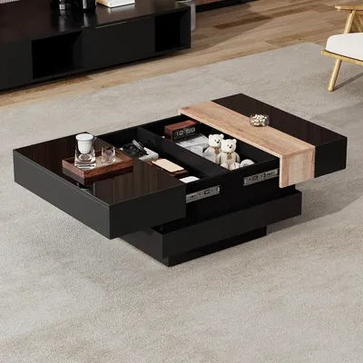 Image de Table basse - Modèle carré - 70 x 70 x 39 cm - Plateau extensible - Espace de rangement dissimulé avec séparations - Finition haute brillance - Noir