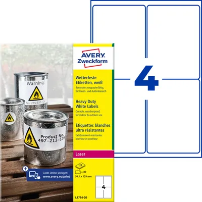 Produktbild von Avery Zweckform L4774-20, Wetterfeste Folien-Etiketten, A4, 99,1 x 139 mm, 80 Etiketten / 20 Bögen, weiß