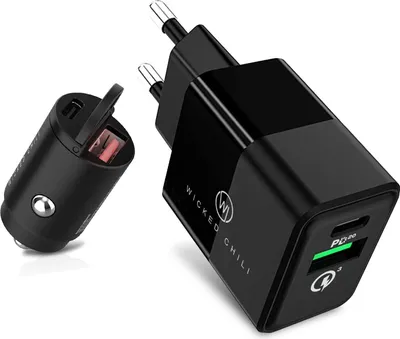 Produktbild von Wicked Chili 20W Dual USB Netzteil und 30W Dual KFZ USB Ladegerät kompatibel mit iPhone 14, 13, 12, 11 (Pro, Max, Plus, Mini)  XS, X, 8 SE 2020 und geeignet für Samsung Galaxy - 50W Fast Charge Set