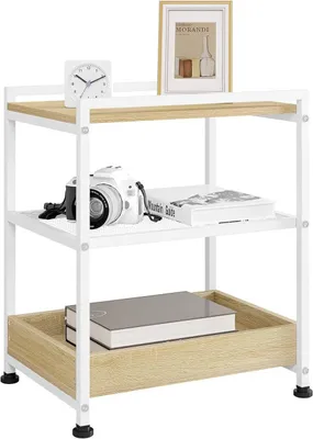 Obrázek produktu pro Přenosný stolek na kolečkách s 3 úrovněmi a odnímatelnou přihrádkou | Světlý dub a bílá barva | 40x30x53,7 cm