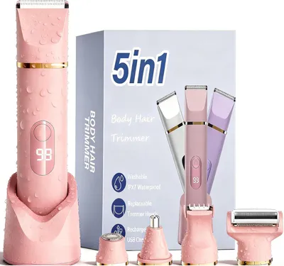 Produktbild von 5-in-1 Elektrisch Intimrasierer, Bikini Trimmer Damen für Körper & Intimbereich mit LED-Anzeige, IPX7 Wiederaufladbar USB, Trimmer nass trocken