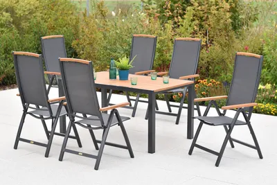 Produktbild von Merxx "Siena" Gartenmöbel Set 7tlg., 6 Klappsessel, Tisch 150 x 90 cm, Aluminium/Akazie/Textil