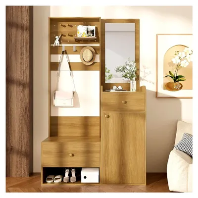 Produktbild von Garderobenset Wandgarderobe mit Schränken und 2 Schubladen, Flurgarderobe mit Haken und Spiegel für Flur, Wohnzimmer, 105×38×180cm (Holzfarben)