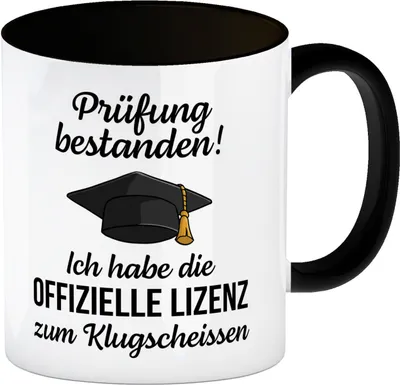 Produktbild von Doktorhut Prüfung bestanden Kaffeebecher in schwarz mit Spruch Lizenz zum