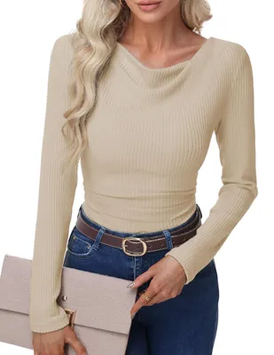 Produktbild von RIROW Damen Langarmshirt Wasserfall-Ausschnitt Rippoptik Figurbetont