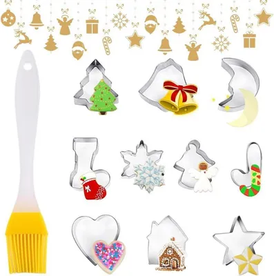 Image de Emporte-pièces Noël Set de 11 pièces en acier inoxydable avec pinceau à pâtisserie en silicone