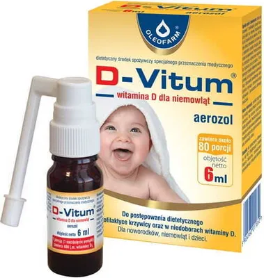 A product shot of a bottle of D-Vitum vitamin D spray for infants next to its packaging, which features a smiling baby.