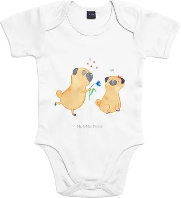 Produktbild von Mr. & Mrs. Panda Strampler Mops Verliebt 1. - 3. Monat - Heather Grey - Geschenk, Hund, Baby, Knuffig, babykleidung body, Sprüche, overall, Kurzarmbody, Liebe