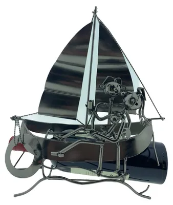Weinflaschenhalter Segelboot mit Liebespaar, Metall, 30x33x13 cm, silber
