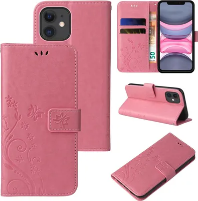 Produktbild von Handyhülle für Apple iPhone 11 Floral Blumen Schmetterling Flip Cover Hülle Case Klapphülle Handytasche Farbe: Rosegold